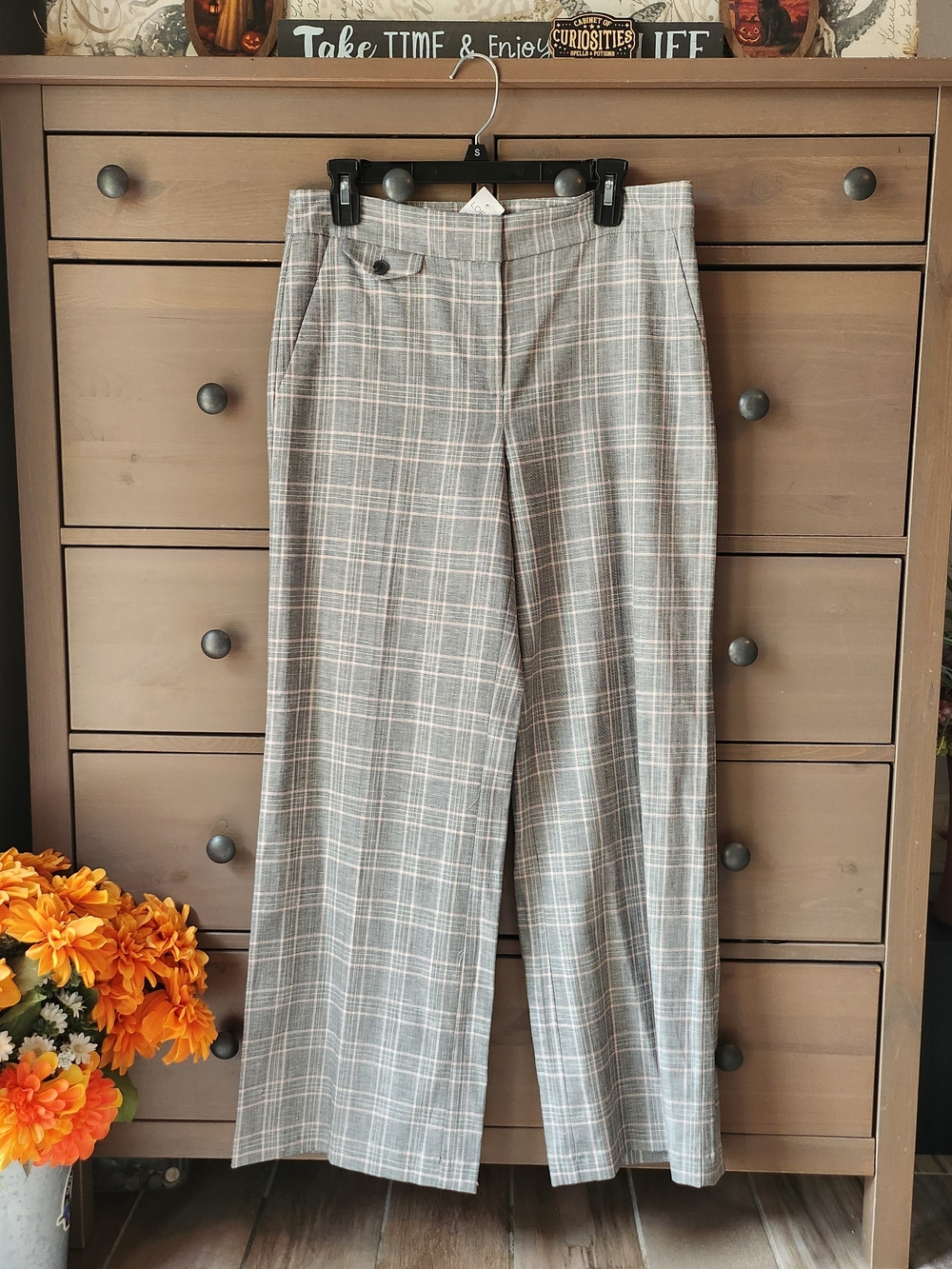 Loft Plaid Wide-Leg Pants in Gray and Pink  — Women's Tailored Trousers